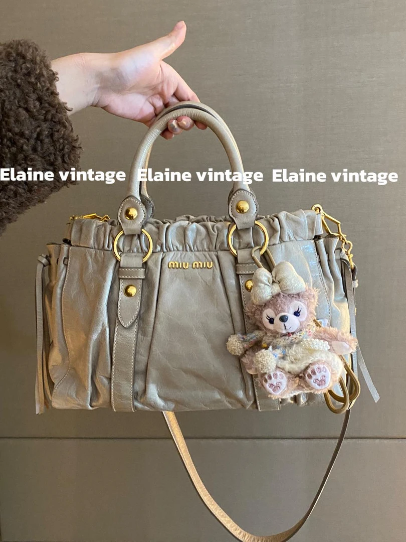 95新 MIU MIU/缪缪 miumiu豆绿色机车手提斜挎2way  33cm
