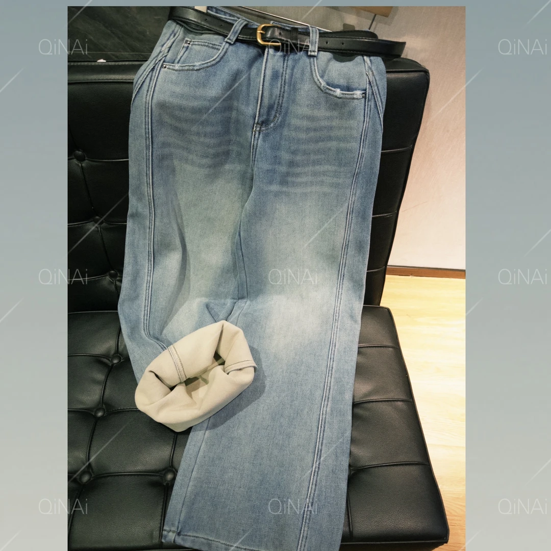 七奈「雅丽」纯色显瘦加绒直筒修身牛仔裤QN13092