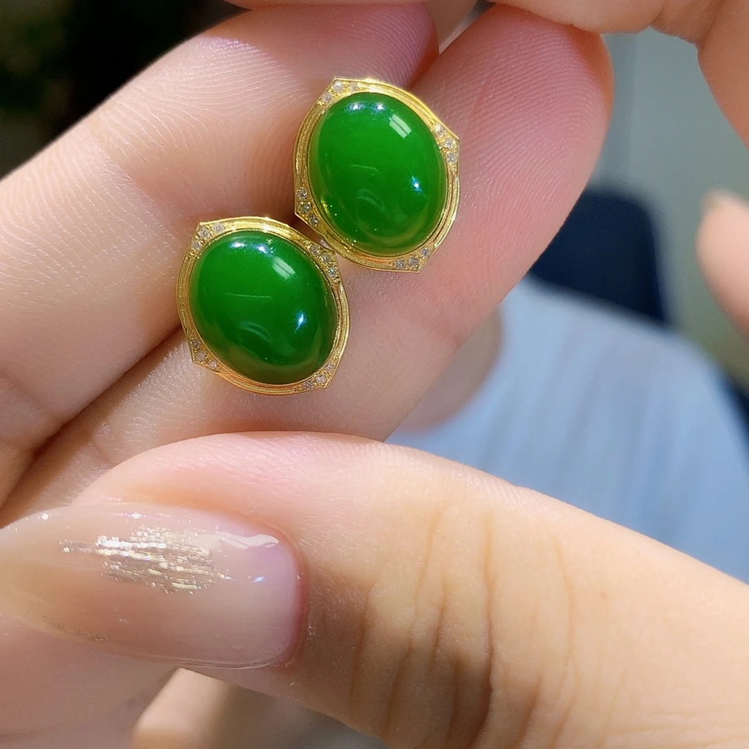 和田玉（碧玉）18K金镶嵌耳饰