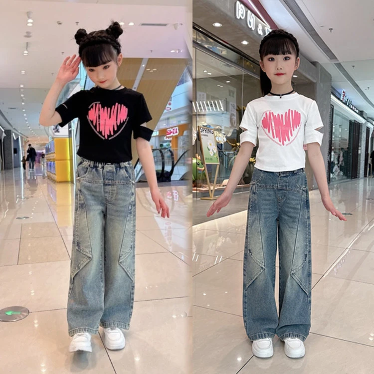 女童套装韩版夏季镂空爱心T恤洋气飞机裤阔腿牛仔薄款时尚百搭裤