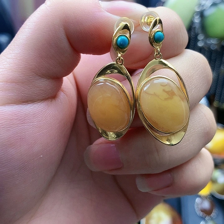 琥珀裸石银S925镶嵌耳坠