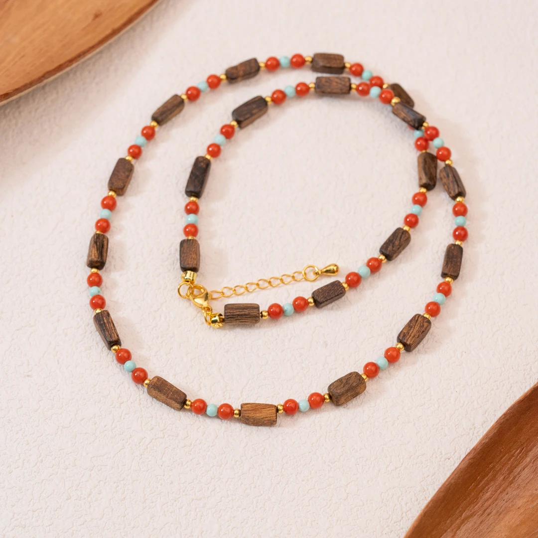 沉香【富韵天成2.0】沉香南红绿松925项链（天然珠宝多样性发其一）