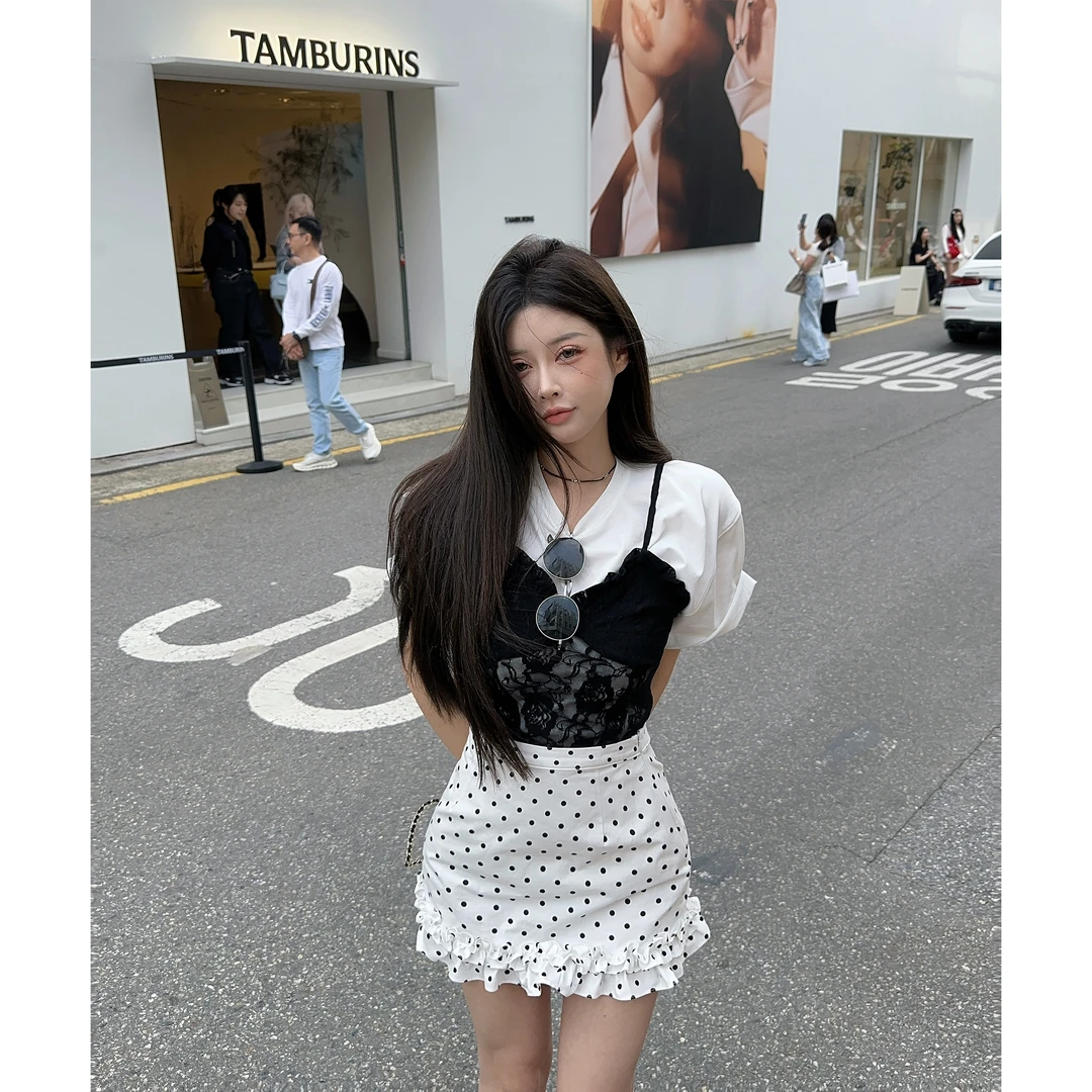 21DEGREES【波点萌夏】宽松薄软T叠穿蕾丝小吊带波点花边裙裤