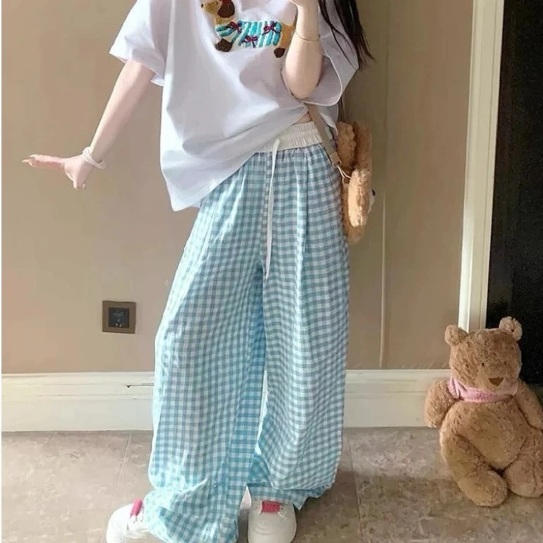 徐秋阳撞色格子阔腿裤女夏季2025新款高腰宽松休闲高腰垂感拖女装