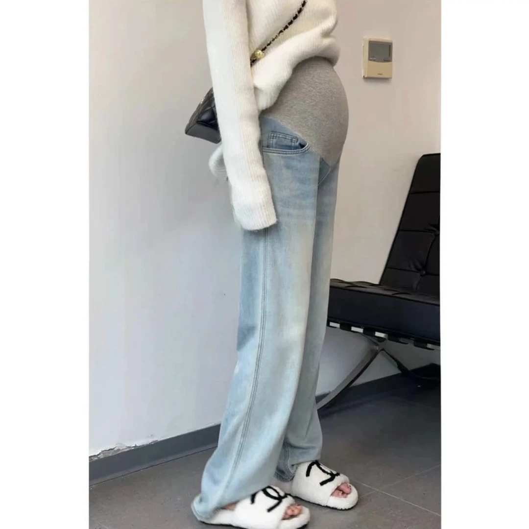 Y590#阔腿孕妇裤牛仔裤秋季2023新款高腰显瘦休闲直筒拖地L