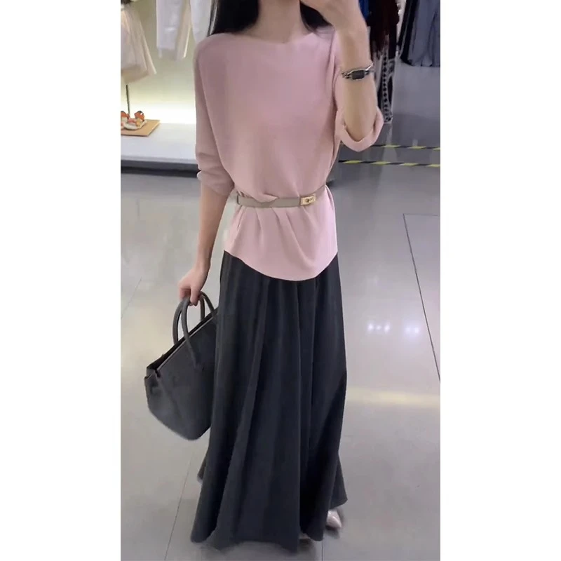 粉色圆领冰丝短袖针织衫女夏季超好看独特漂亮掐腰修身基础款上衣