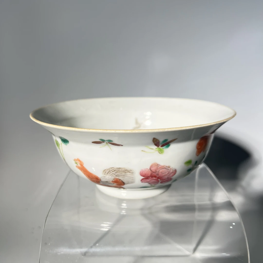 Q-清中期 粉彩癞瓜花卉纹碗 口径17.4 高度7.1