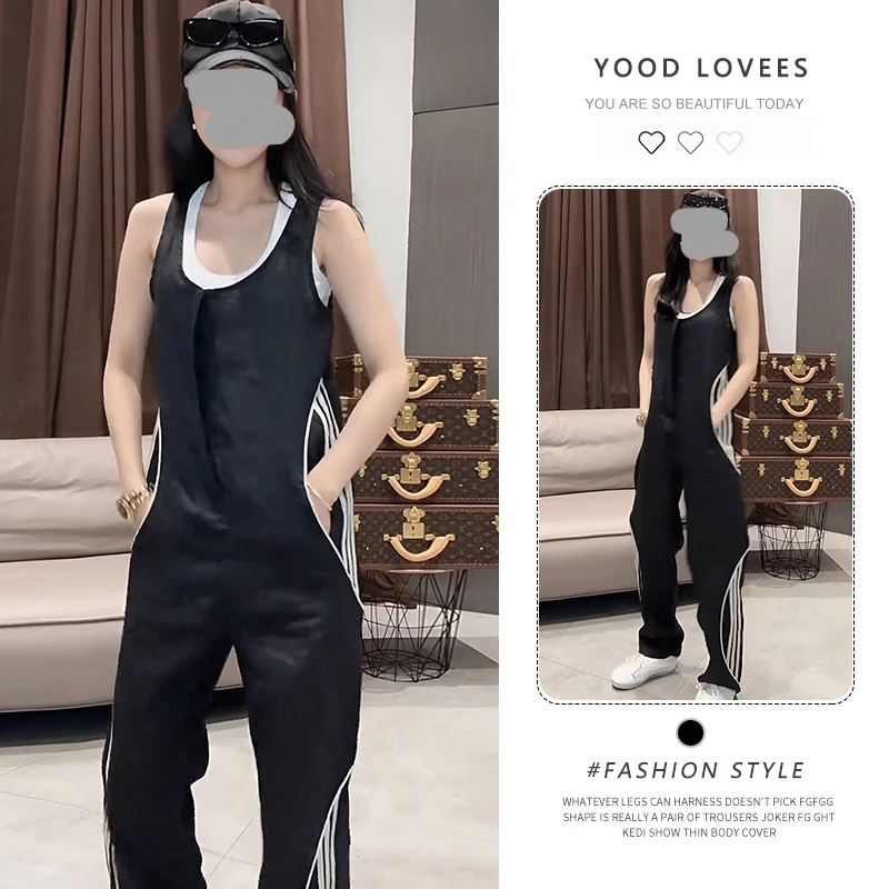 美式侧条纹宽松高腰时尚连体裤欧洲站2025夏季新款洋气百搭休闲裤