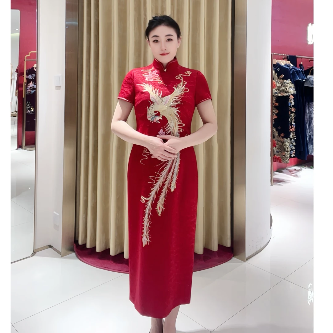 170262旗袍/酒红色/彩色凤纹//春夏新款/高贵/婚礼/走秀喜婆婆