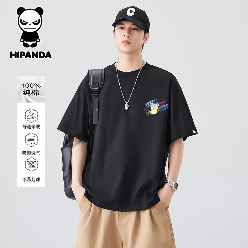 Hi Panda你好熊猫手绘纯棉短袖T恤男士夏季新款宽松圆领半袖上衣