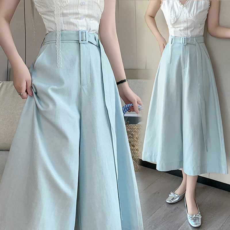 日系阔腿裙裤女2025春夏高级感简约配腰带七八分高腰显瘦休闲裤裙
