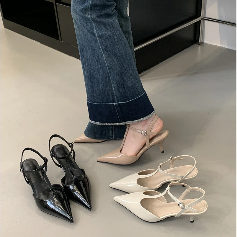 高端版法式尖头细带后空绊带包头凉鞋女2025春夏新款温柔百搭高跟