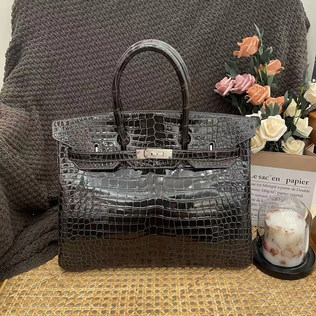 99新 Hermes/爱马仕 birkin 35 框G 亮面倒v鳄鱼 石墨灰mk103558