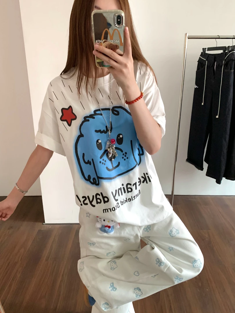 AMER 下雨小狗复古字母小狗印花字母百搭简约风T恤