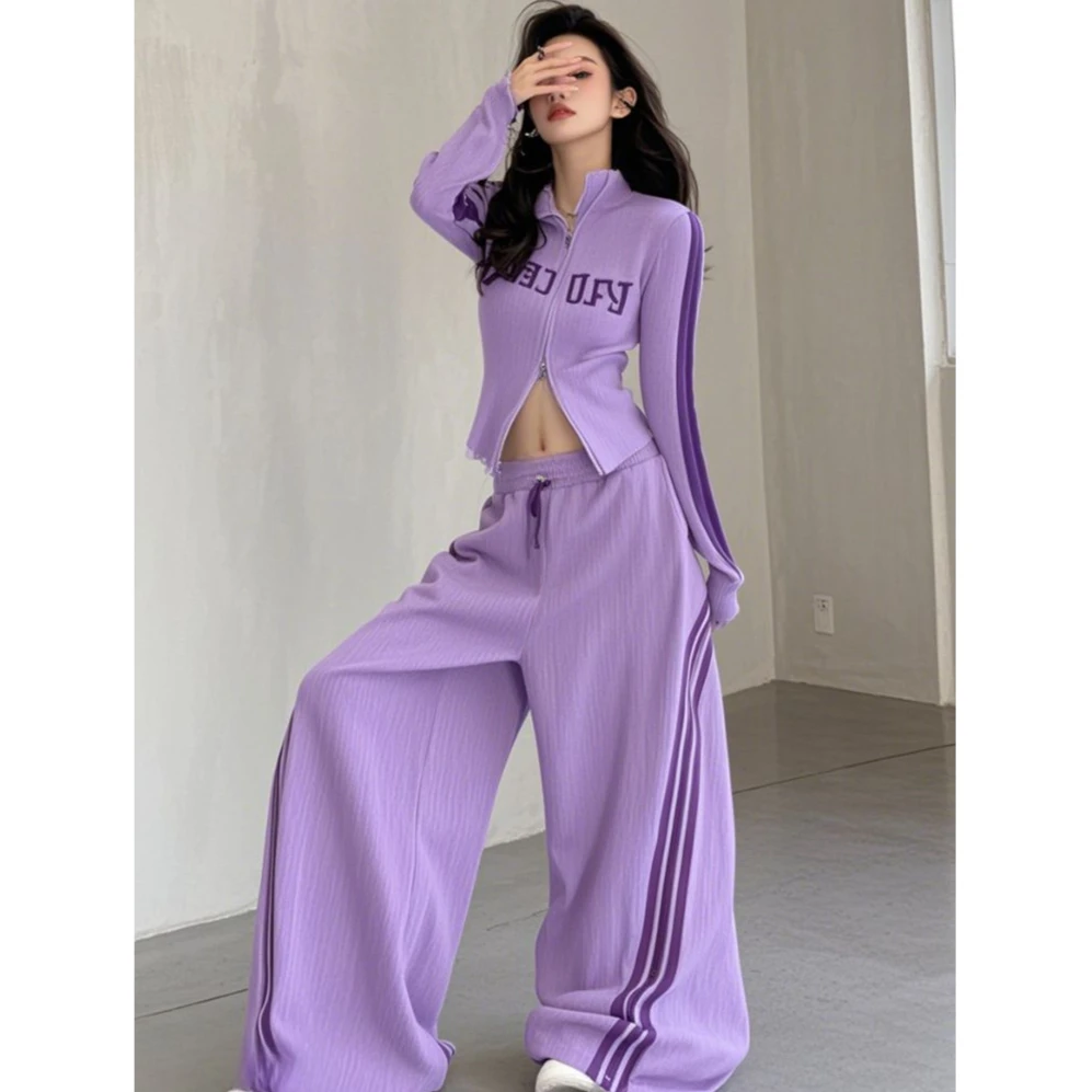 2025春季新款超火套装减龄紫色收腰上衣阔腿裤休闲高级感两件套女