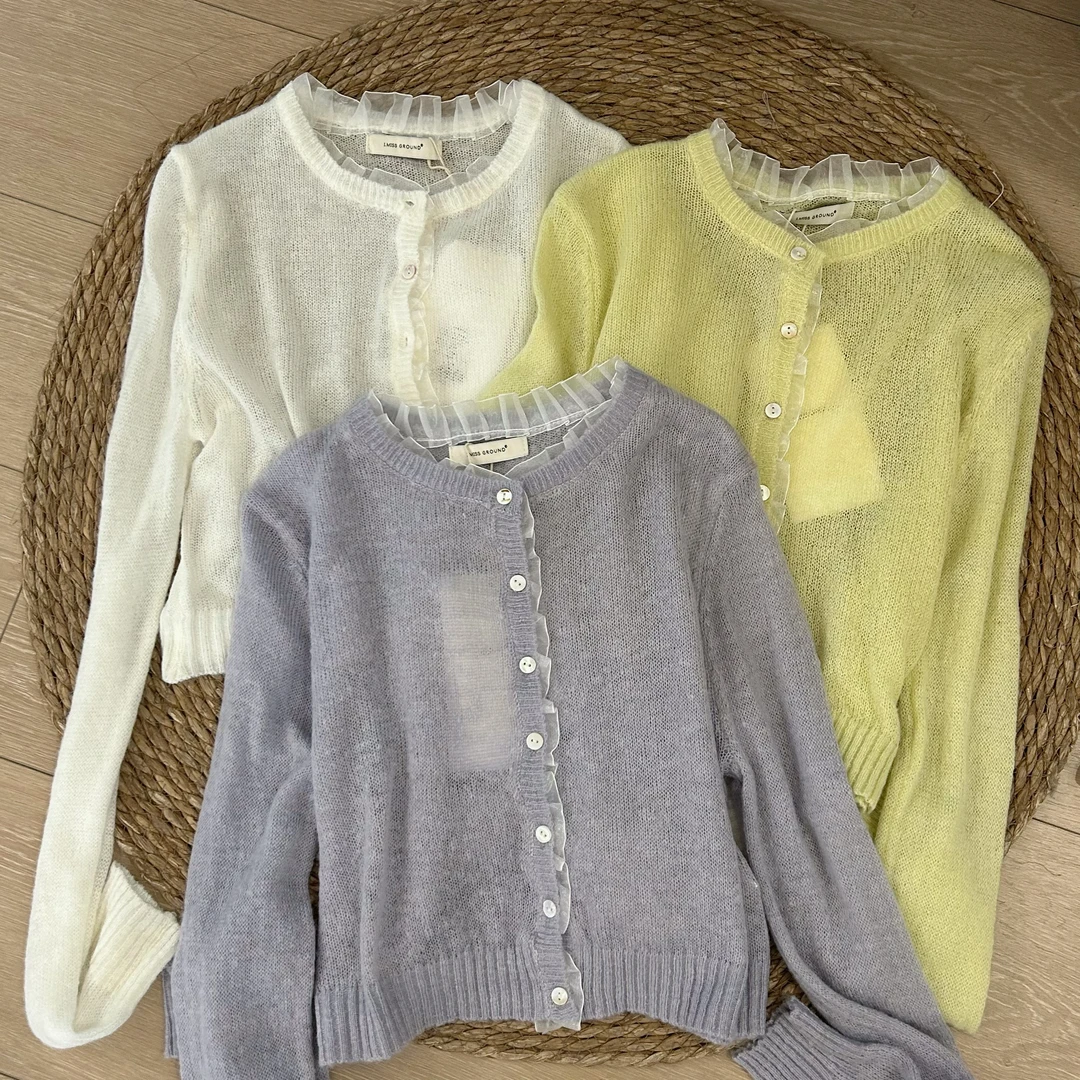 0989#自带氛围感~超级温柔拼接蕾丝花边针织开衫