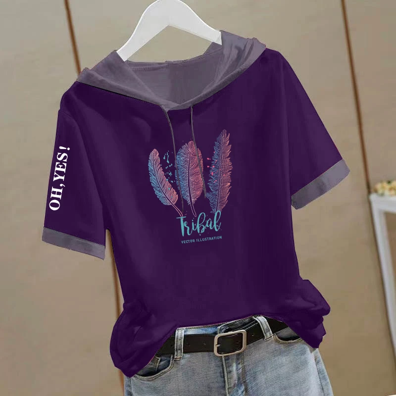 纯棉短袖t恤女连帽拼接撞色2025夏季新款时尚休闲宽松显瘦上衣潮