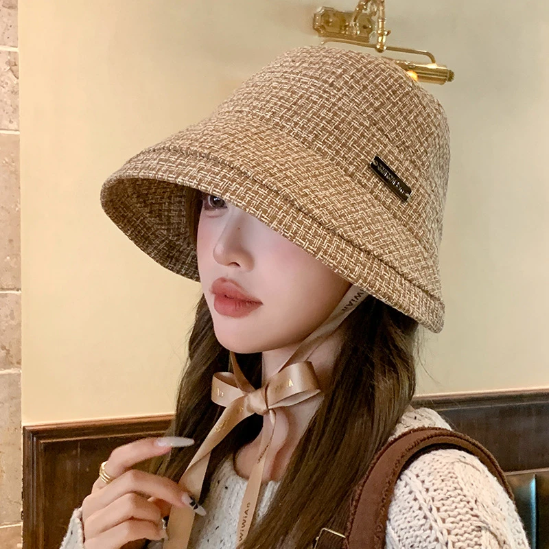 优雅秋冬法式高级感帽子小香风简约格纹渔夫帽时尚卷边水桶帽G350