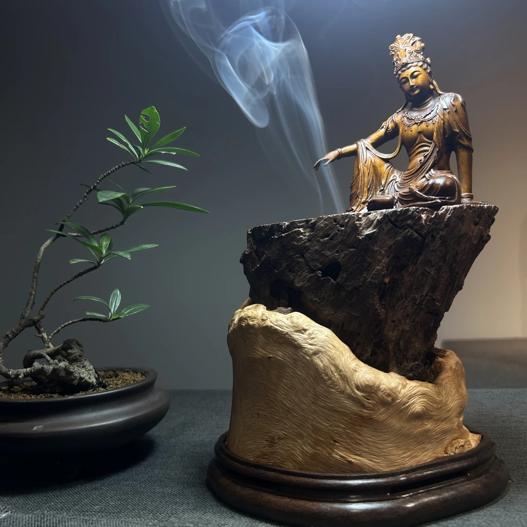 荔枝木雕刻摆件木雕香炉手工配观音木雕