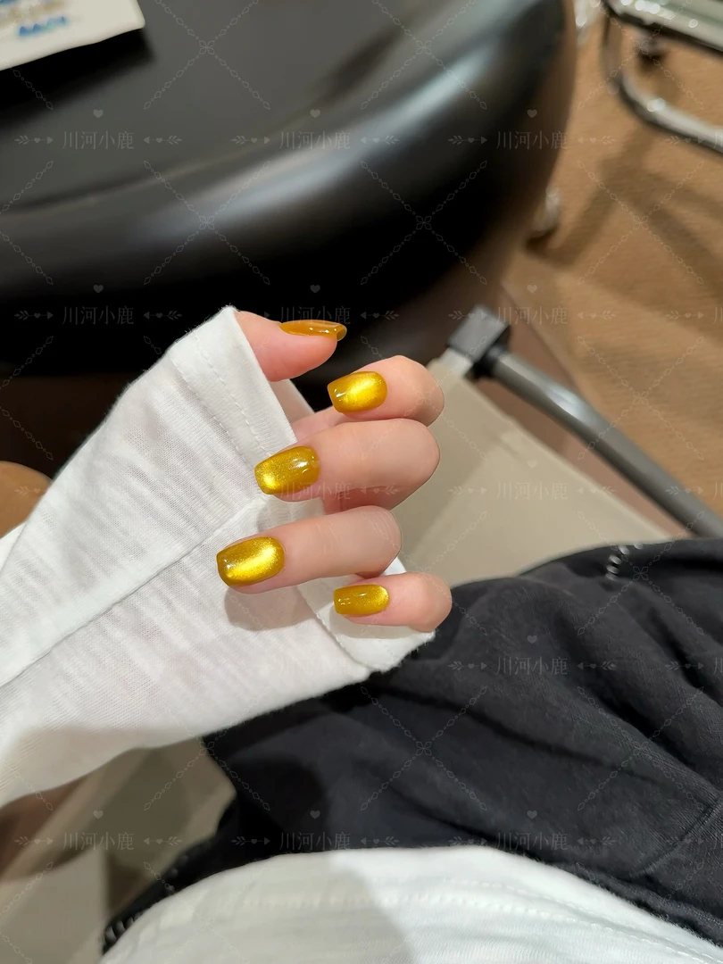 川河小鹿【黄油饼干】夏季短款手工穿戴甲姜黄色鸭屎色显白气质美甲