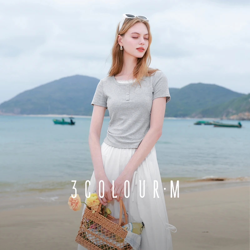 三彩2025夏季新款假两件T恤蕾丝拼接正肩短袖上衣修身短款甜辣M