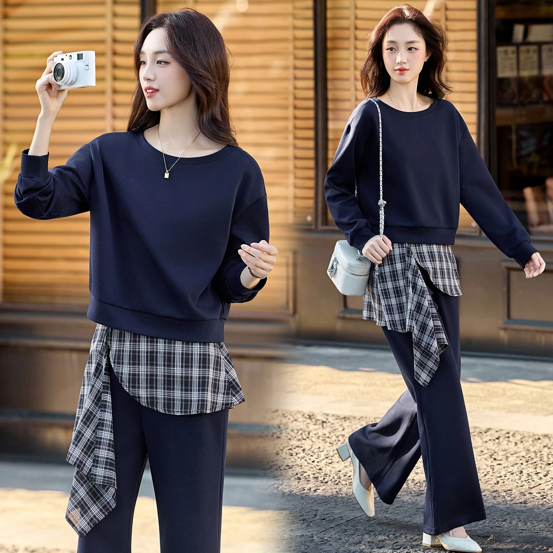 休闲时尚格纹拼接卫衣套装女2025春秋新款松弛感气质阔腿裤两件套