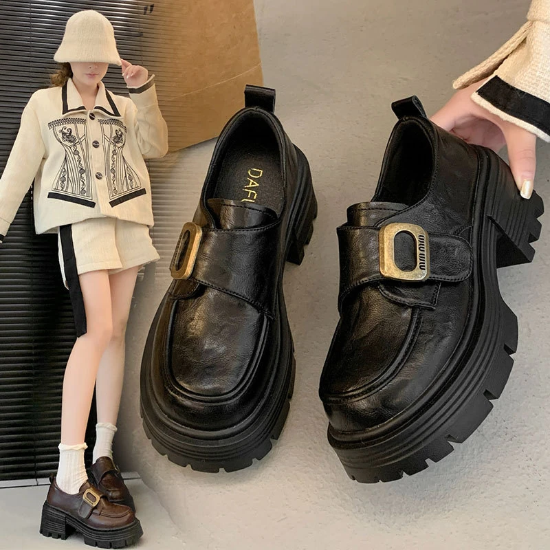 英伦风乐福鞋女2025春秋新款粗跟厚底复古时尚小个子玛丽珍小皮鞋