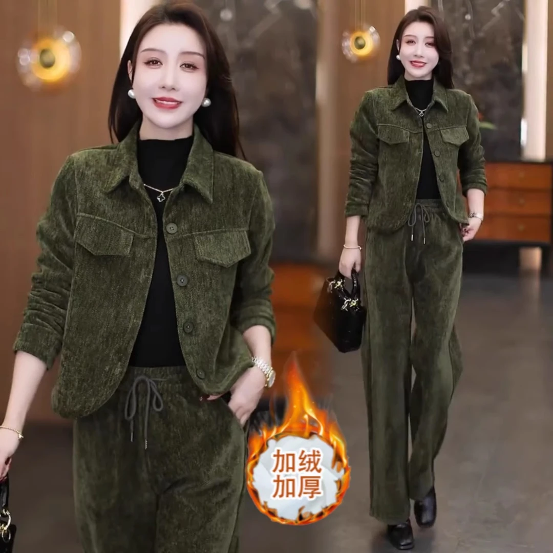 拉夏贝尔加绒加厚休闲套装女2025冬季新款显瘦短外套阔腿裤两件套