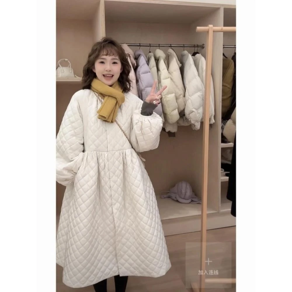 韩国过膝菱格纹服裙女冬季时尚覆古新款女式葫复棉韩版棉袄