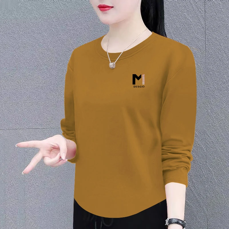 纯棉长袖t恤女春秋季新款宽松遮肚显瘦打底衫洋气时尚圆领上衣潮