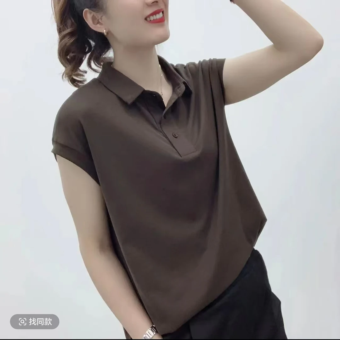 纯色翻领纽扣短袖休闲百搭夏季显瘦简约气质夏装韩版上衣