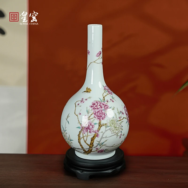 皇窑陶瓷花瓶桃花纹胆瓶 景德镇手绘瓷瓶摆件中式客厅电视柜装饰