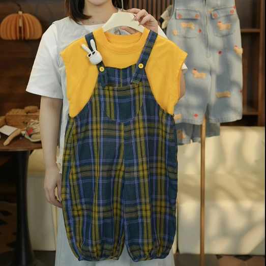 儿童夏季套装男女宝宝格子背带裤短袖休闲两件套中小童洋气童装