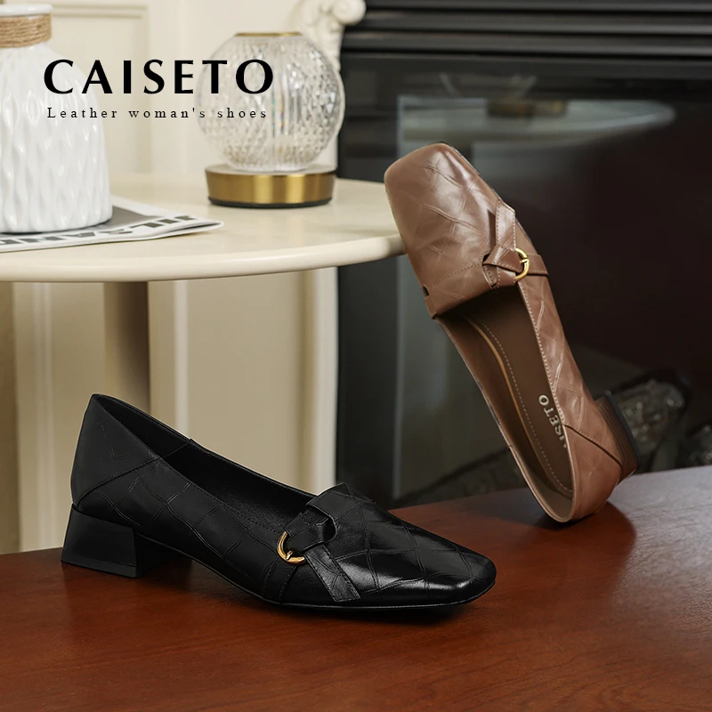 头层牛皮/3.5cm新款时尚方头百搭扣件低跟单鞋舒适真皮女鞋D879