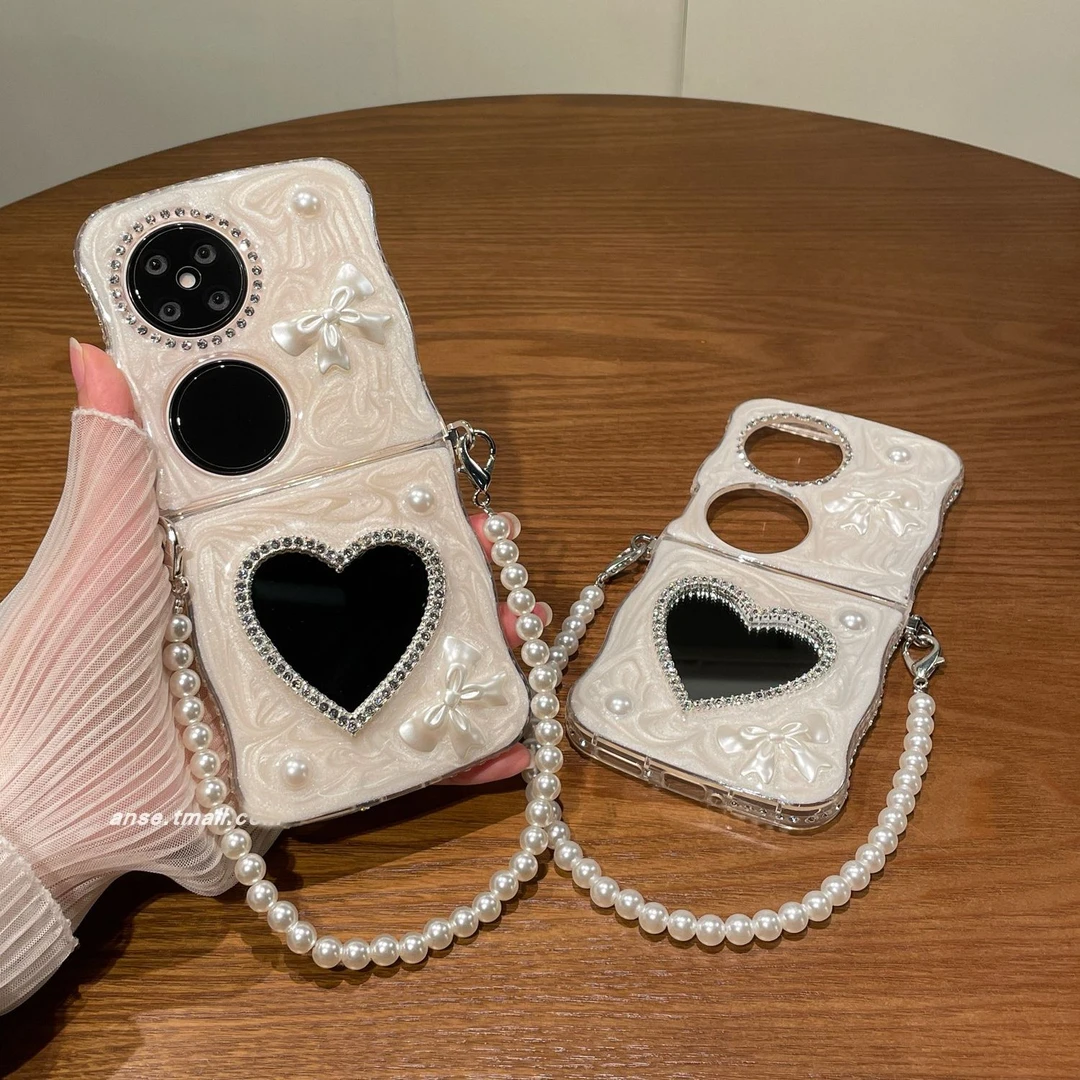 适用华为pocket2折叠屏手机壳硅胶爱心镜面滴胶手提链p50pockets