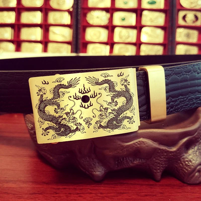 【匠心定制】双龙戏珠自动扣套装头层牛皮男士腰带纯黄铜皮带35