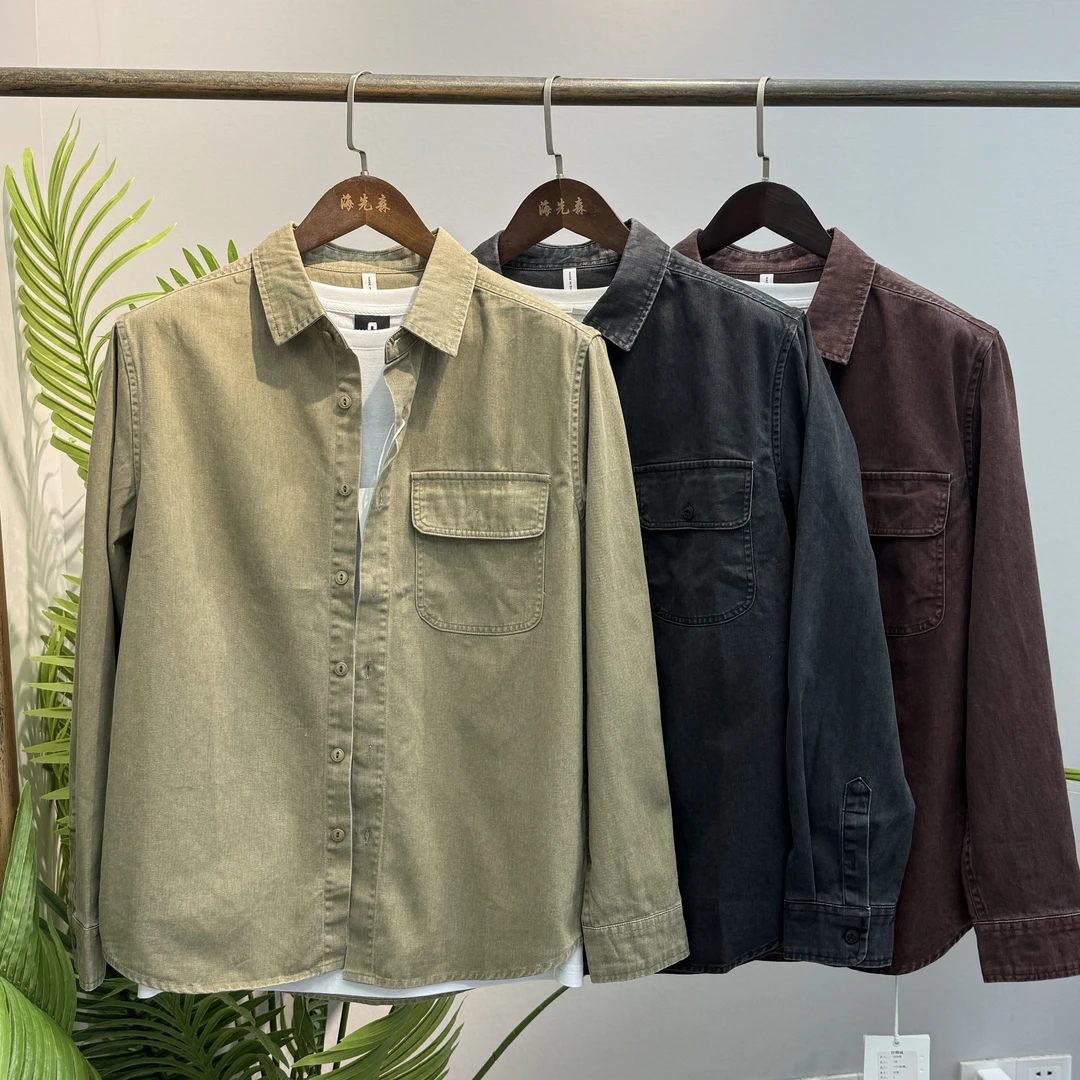 100%棉!重磅全棉工装衬衫式夹克男春秋水洗做旧衬衣长袖外套7869