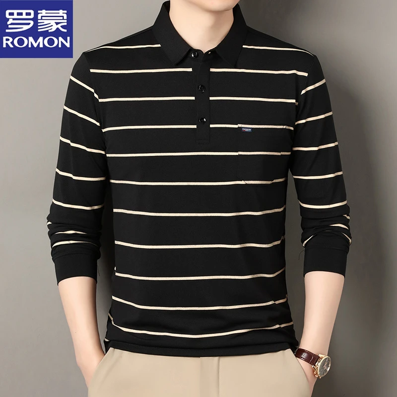 罗蒙秋季爆款男长袖Polo衫男士细条纹翻领棉t恤垂顺经典休闲百搭