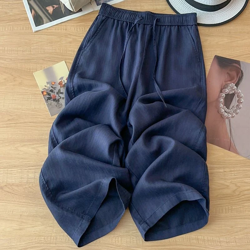 天丝抗皱亚麻阔腿裤女夏季2025新款小个子薄款宽松显瘦棉麻直筒裤