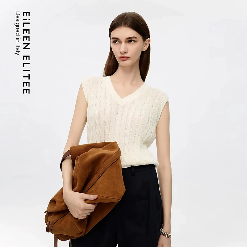 朗姿欧洲EiLEEN ELITEE2025秋新款高级绞花V领无袖亚麻针织马甲女