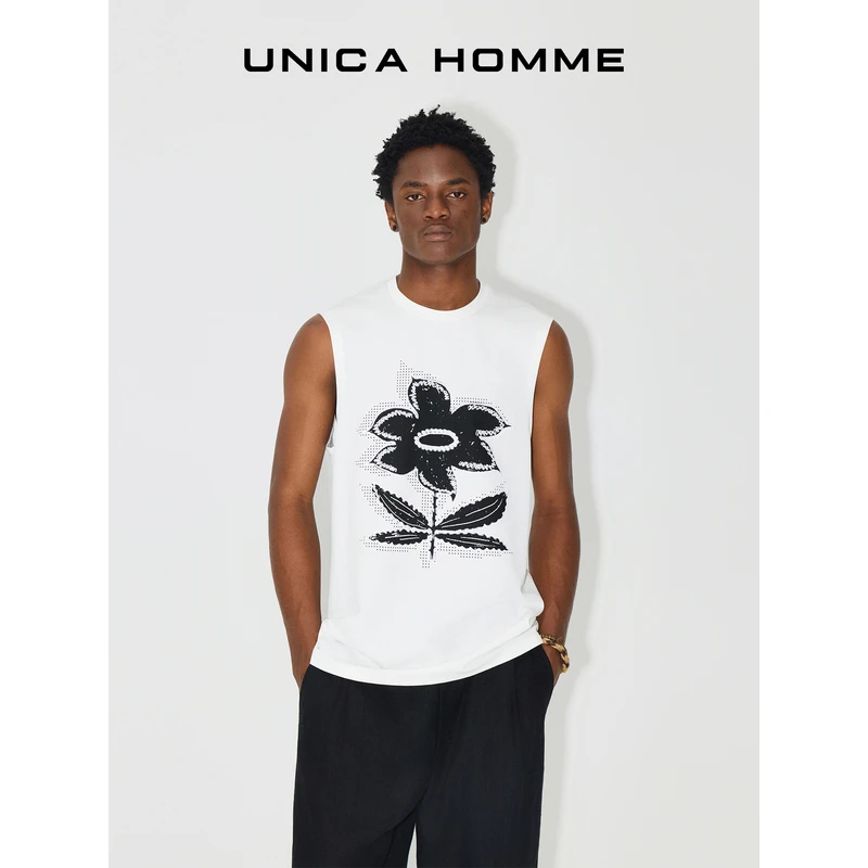 UNICA HOMME/原创像素印花刺绣_弹力棉圆领廓形感无袖背心宽松