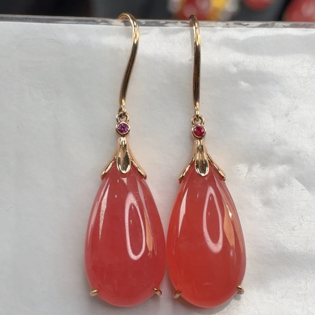 菱锰矿（红纹石）18K金镶嵌耳坠