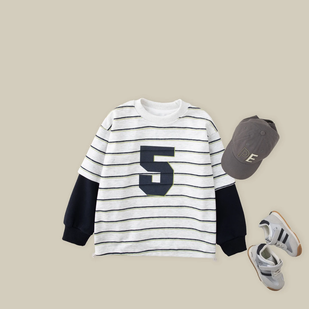 儿童卫衣2025新款男童秋季潮流时尚假两件条纹上衣BQ8571华子童装