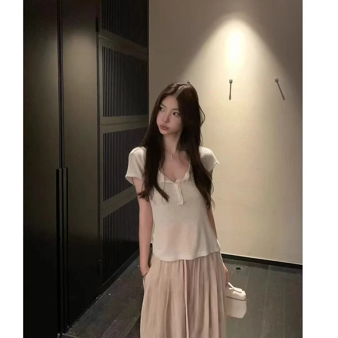 夏季韩系穿搭百搭休闲短袖T恤女修身显瘦纯色气质v领洋气防晒罩衫