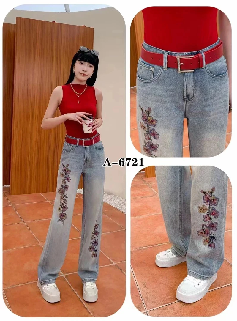 春季新款重工牛仔直筒裤6721