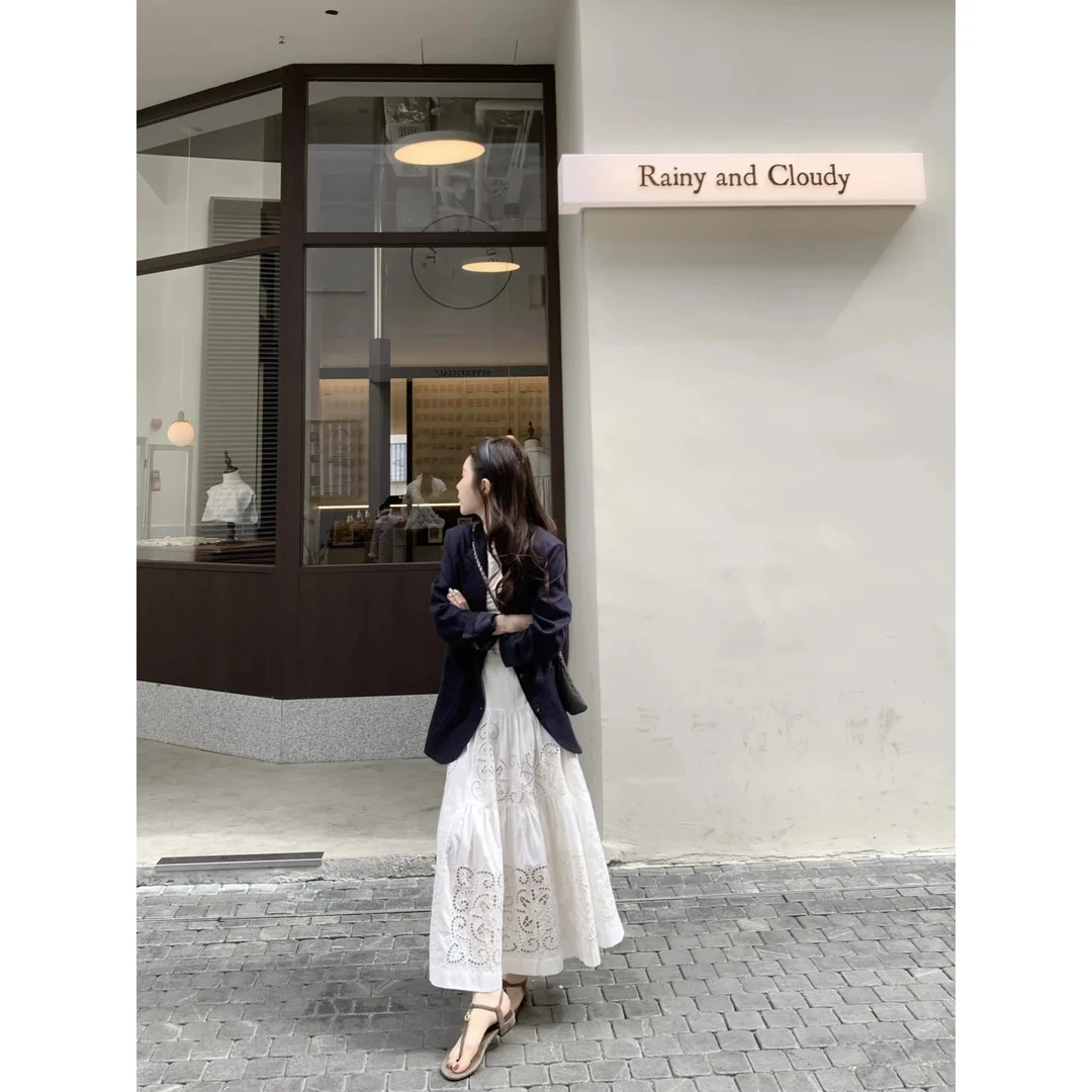 早春新款韩系气质高级感收腰长袖外套上衣百搭小众显瘦A字长裙女