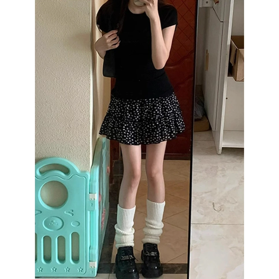 碎花复古甜美半身裙蛋糕2025夏季高腰小个子显瘦黑色蓬蓬短裙