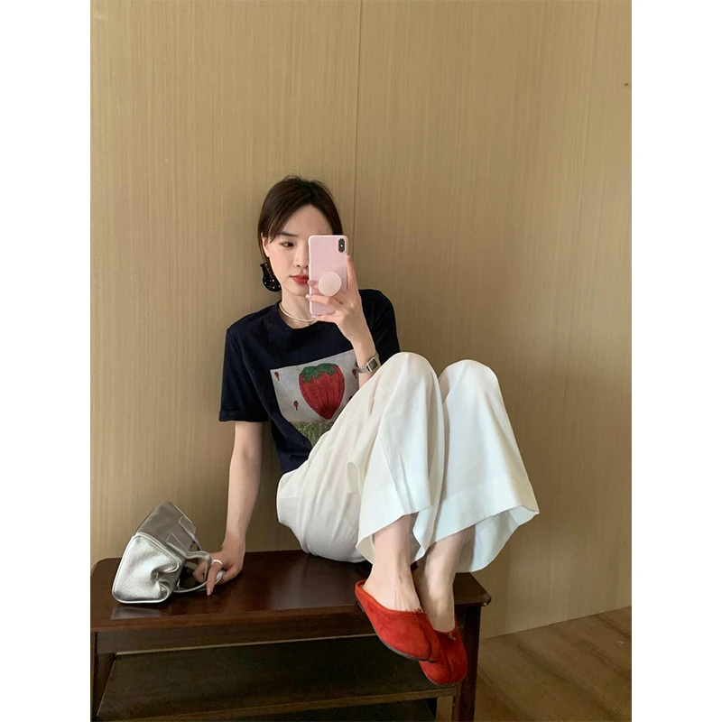 2025春季新款时尚气质高级感显瘦印花圆领短袖上衣白色裤子二件套