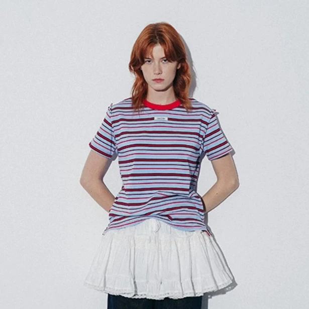 THE ENES复古多拼色条纹外缝线短袖T休闲圆领T恤