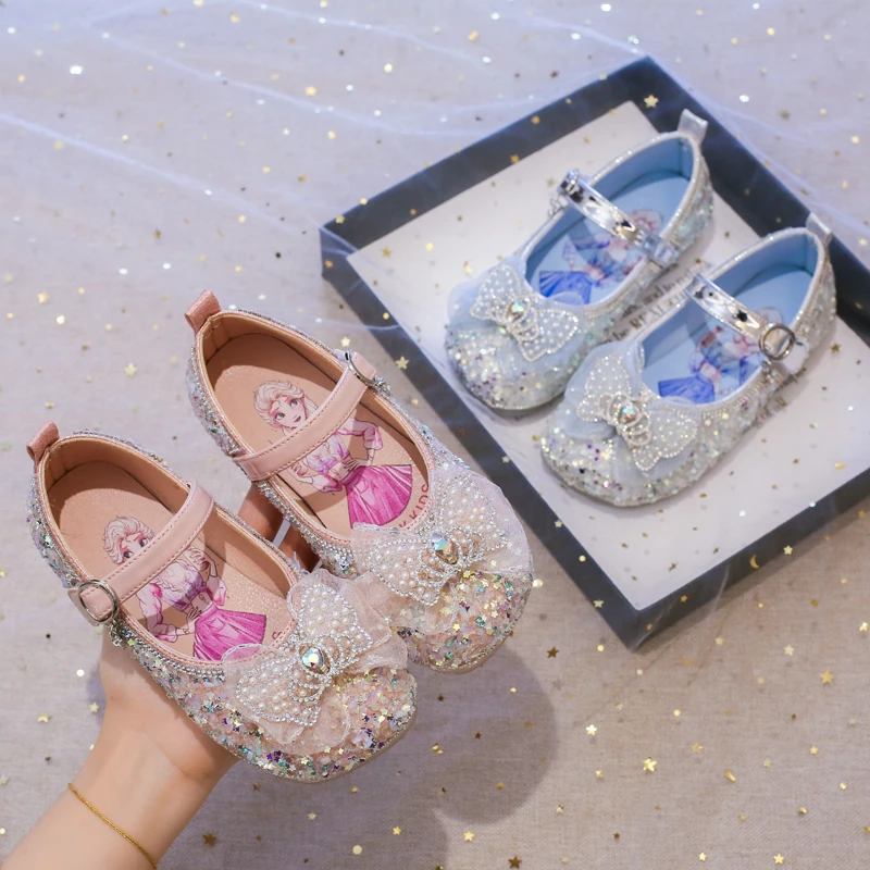 女童水晶小皮鞋2025春秋新款儿童爱莎公主软底防滑小女孩水钻单鞋